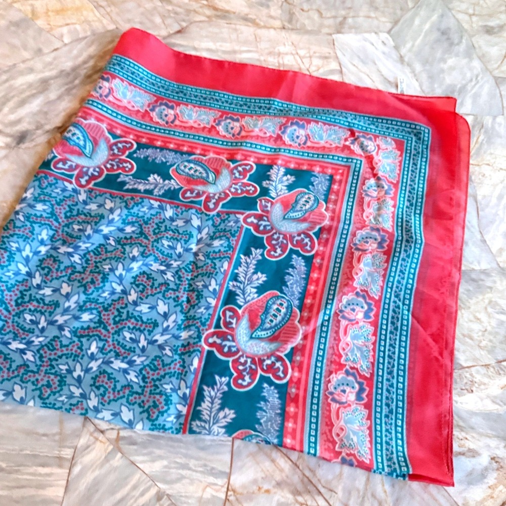 Vintage Floral Paisley Square Scarf Coral Pink Teal Blue Bohemian Head Wrap